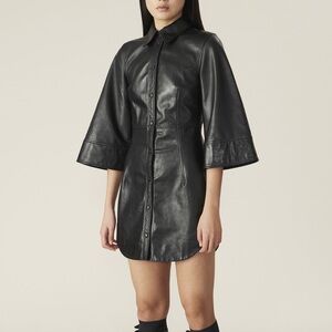 NWT GANNI Black Leather Flared Sleeves Mini Jacket Dress EU 40 | US 8/10 | L